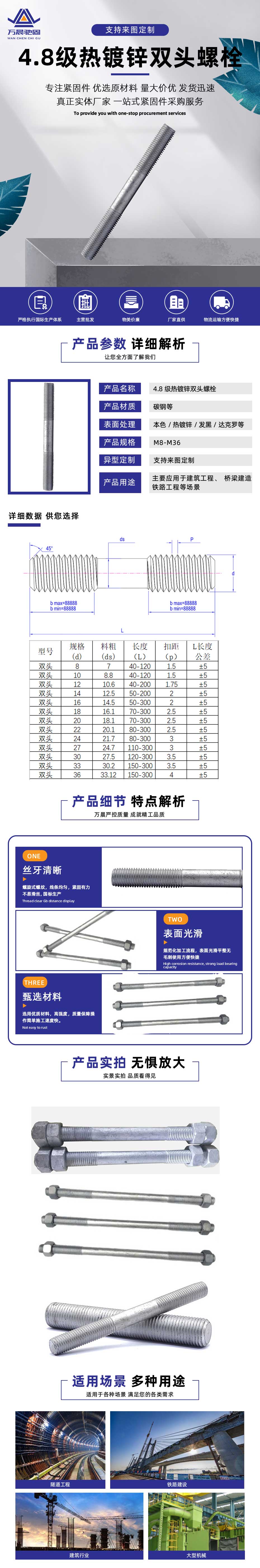 4.8級熱(rè)鍍鋅雙頭螺栓