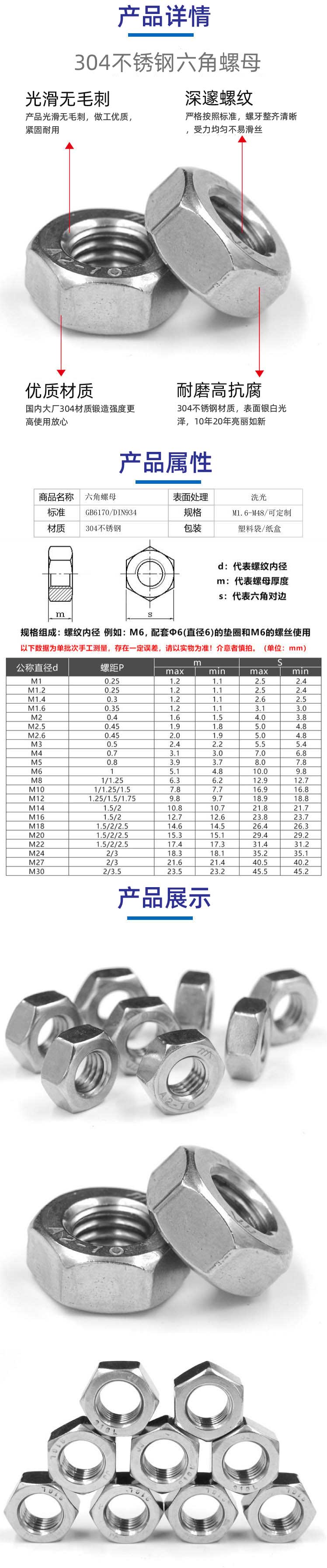 304不鏽鋼六角螺母